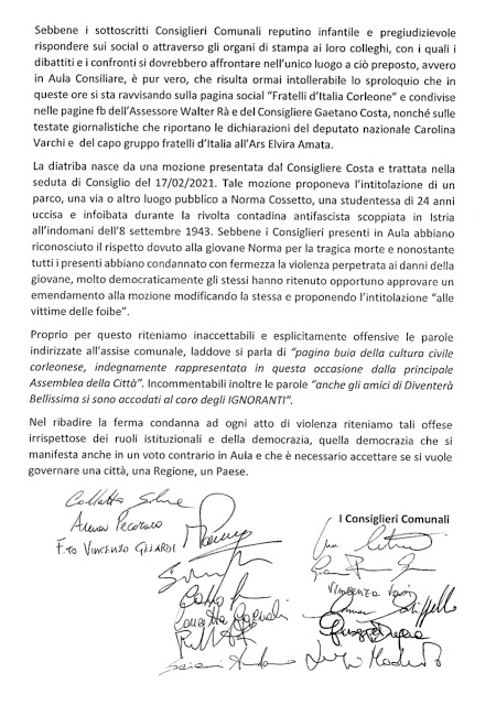 Mozione “Giorno del Ricordo”, nota dei consiglieri comunali